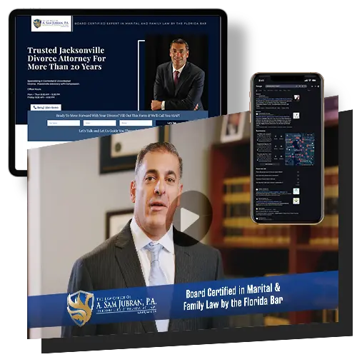 Advertising services showcase, featuring a video ad for Sam Jubran Law, Google ads, and a landing page.
