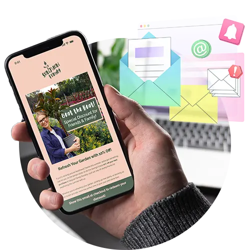 Email marketing service showcase, featuring an email from Sanjuan Family Nursery displayed on a phone in someone's hand.