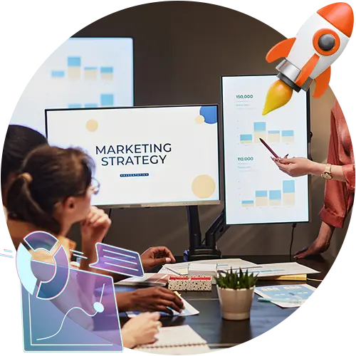 Marketing consulting cluster, featuring a photo of a marketing strategy presentation overlaid with a graphic of graphs and a rocket ship taking off.