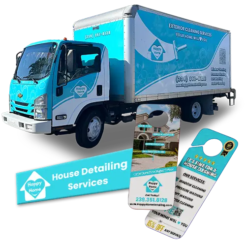 Vehicle wrap and print design services showcase, featuring a box truck wrap, a door hanger, and a magnet design for Happy Home Detailing.