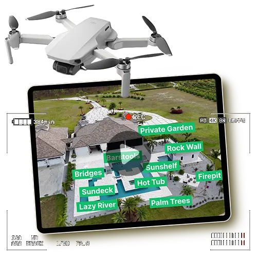 Video production service showcase, featuring a video produced for Overall Outdoor Services with drone videography and custom motion graphics displayed on a tablet.