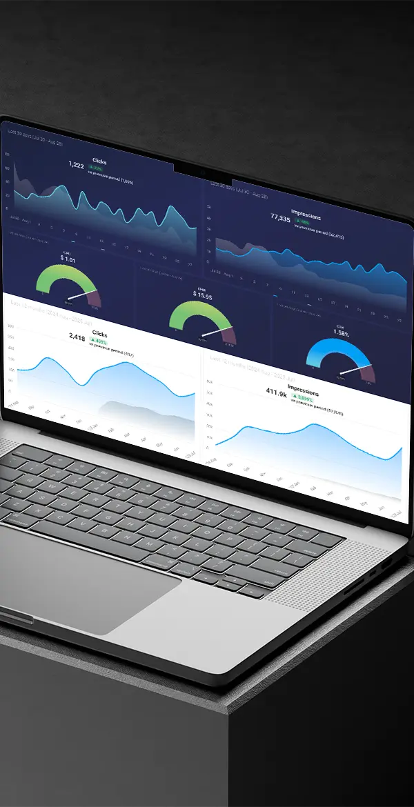 Advertising results from a video campaign charted across multiple graphs displayed on a laptop.
