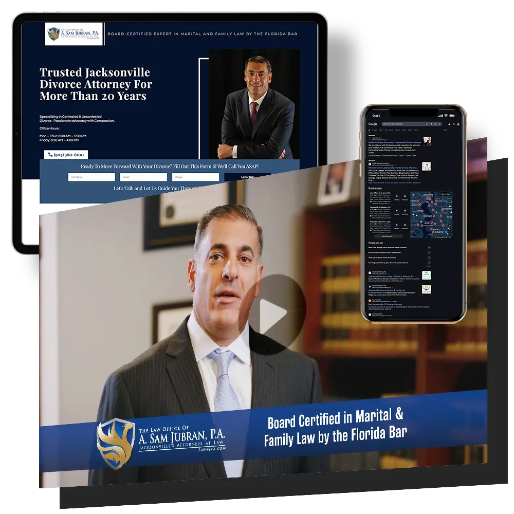 Advertising services showcase, featuring a video ad for Sam Jubran Law, Google ads, and a landing page.