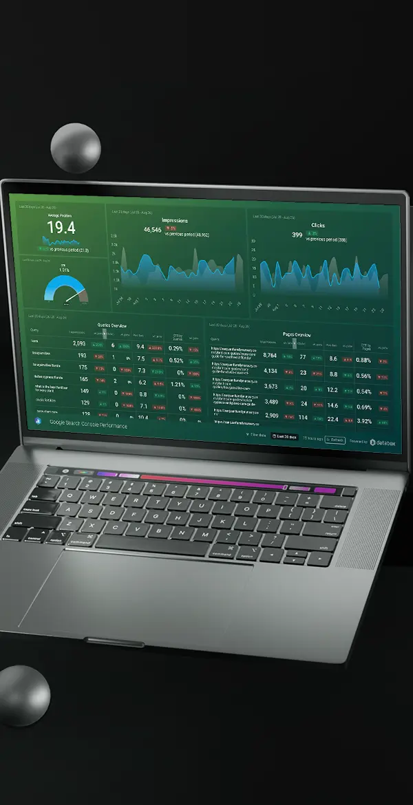 Google Search Console Performance dashboard for a client, displayed on a laptop.