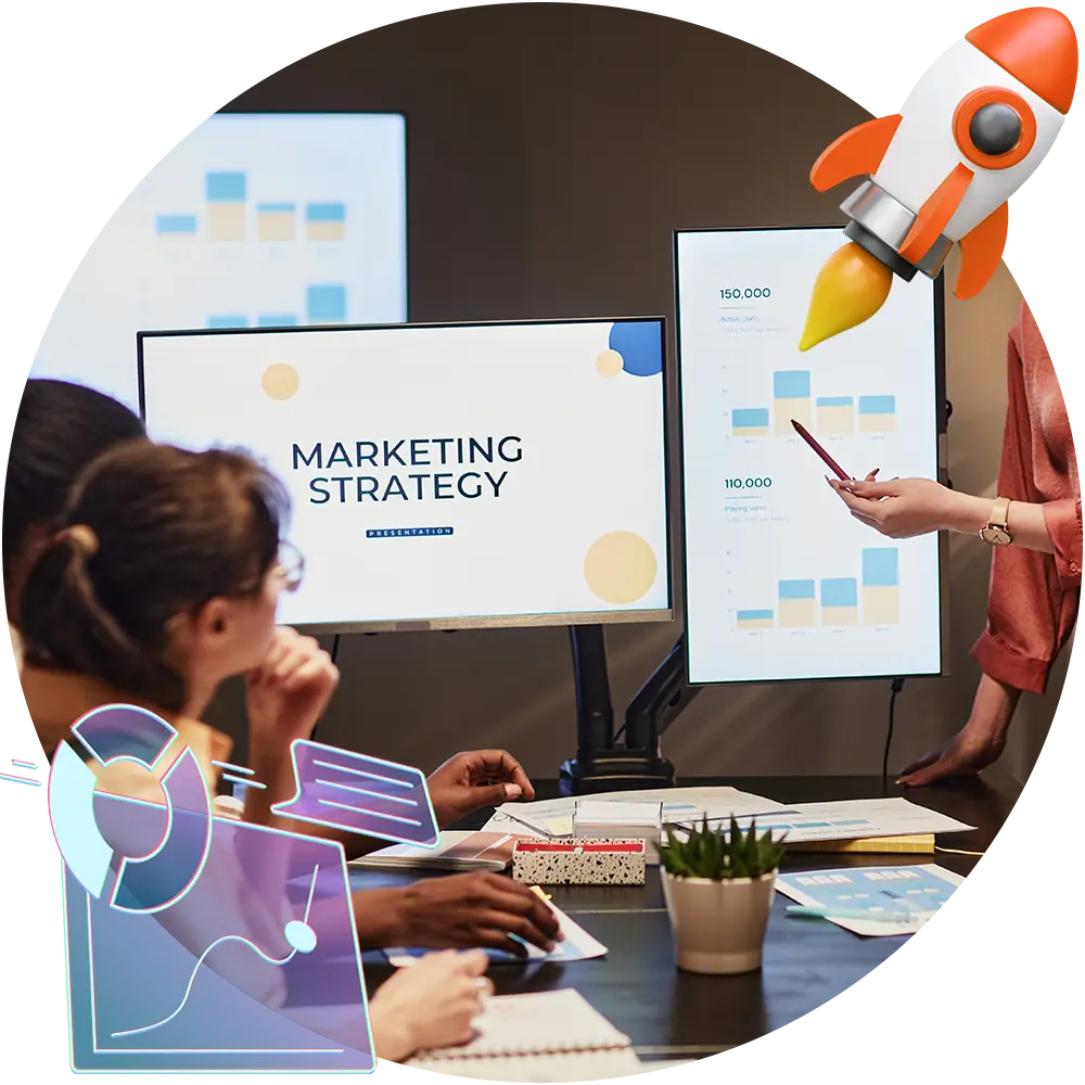 Marketing consulting cluster, featuring a photo of a marketing strategy presentation overlaid with a graphic of graphs and a rocket ship taking off.