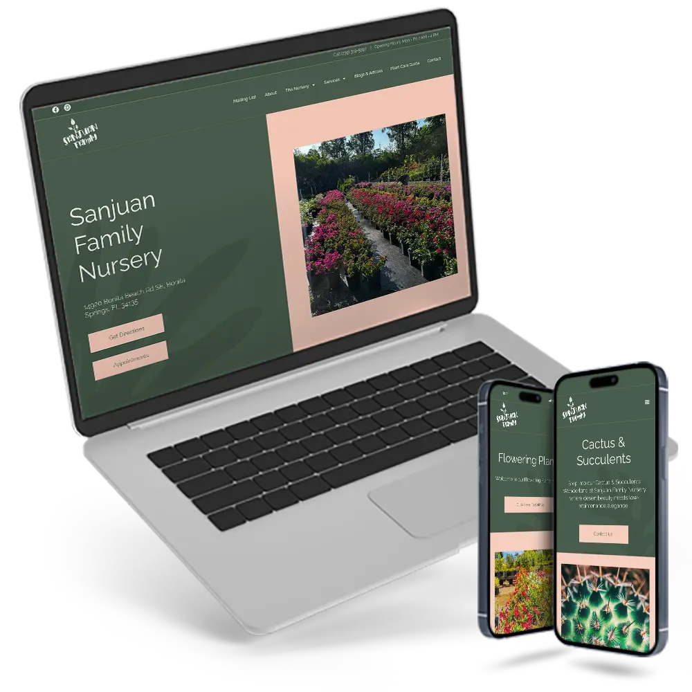 Website development service showcase, featuring the Sanjuan Family Nursery website displayed on a laptop on phones, designed and developed by Mean Bean Marketing