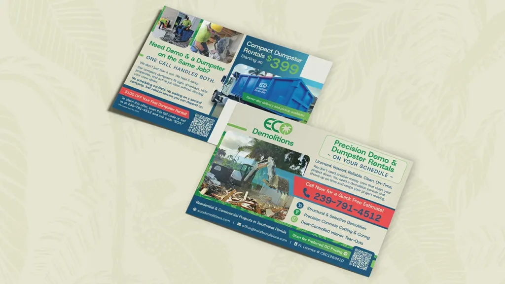 Eco Demolitions direct mail postcard for general contractors, displayed on a subtle tropical patterned background.