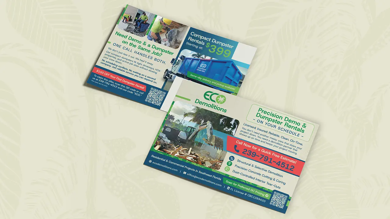 Eco Demolitions direct mail postcard for general contractors, displayed on a subtle tropical patterned background.