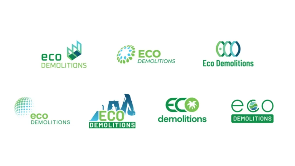 Preliminary logo design options for Eco Demolitions, featuring 7 unique designs.