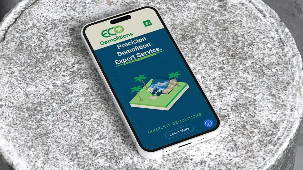 Eco Demolitions service page displayed on a mobile phone.