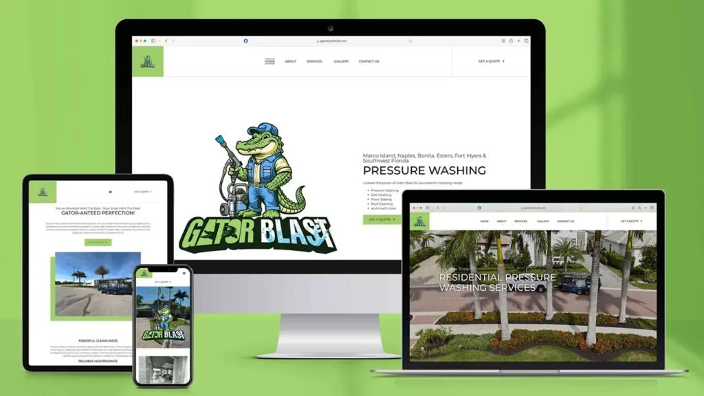 Gator Blast Power Washing website displayed across various responsive devices.