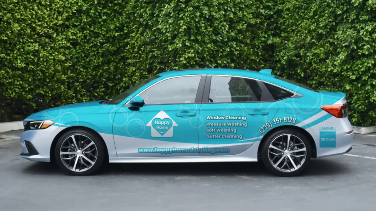 Mockup of a Honda Civic vehicle wrap for Happy Home Detailing.