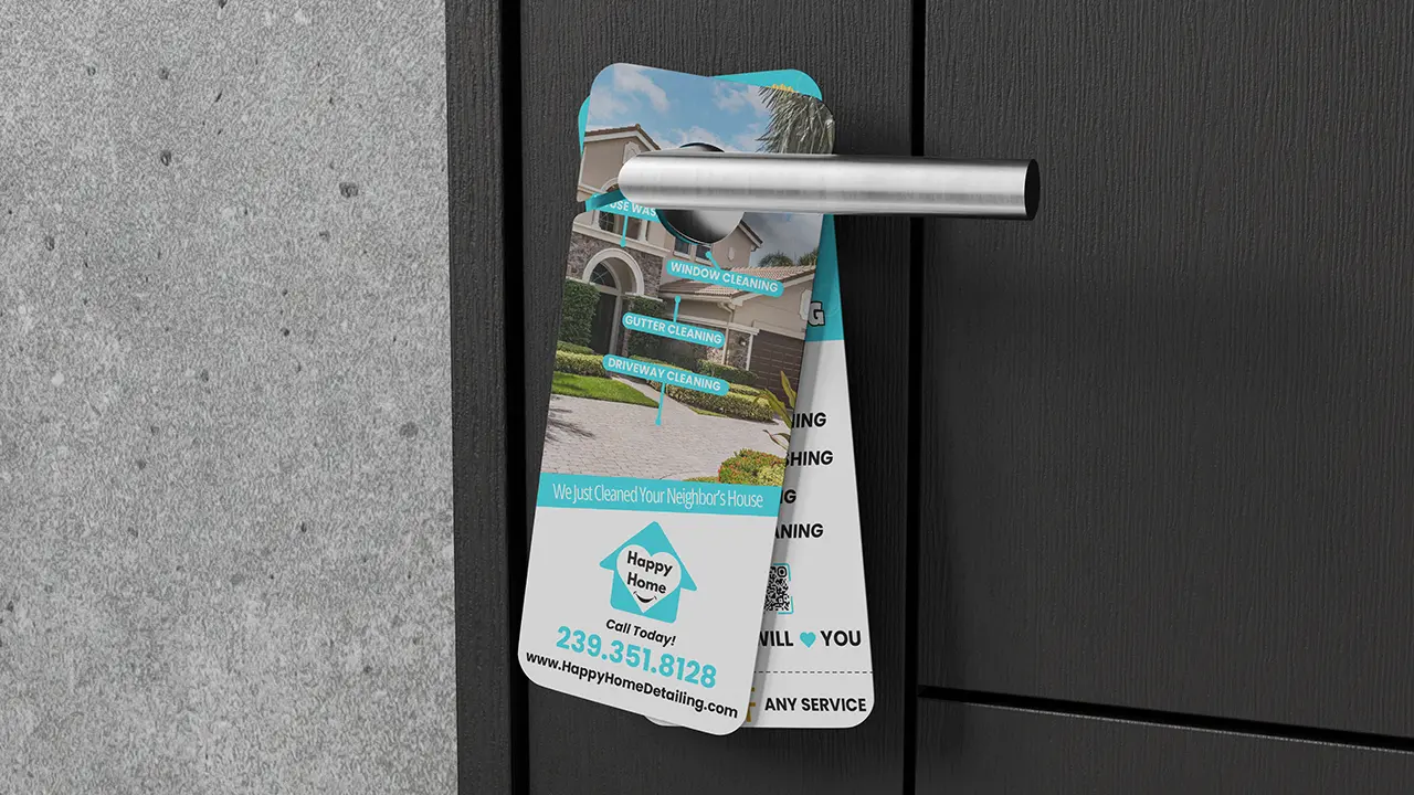 Mockup of a door hanger for Happy Home Detailing, hanging from a door handle.