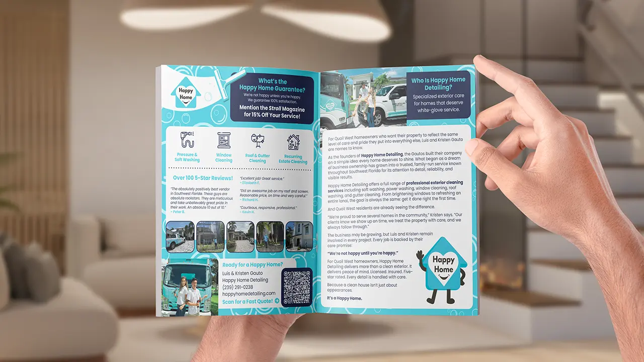 Mockup of the full spread magazine ad run by Happy Home Detailing in The Stroll by Quail West.