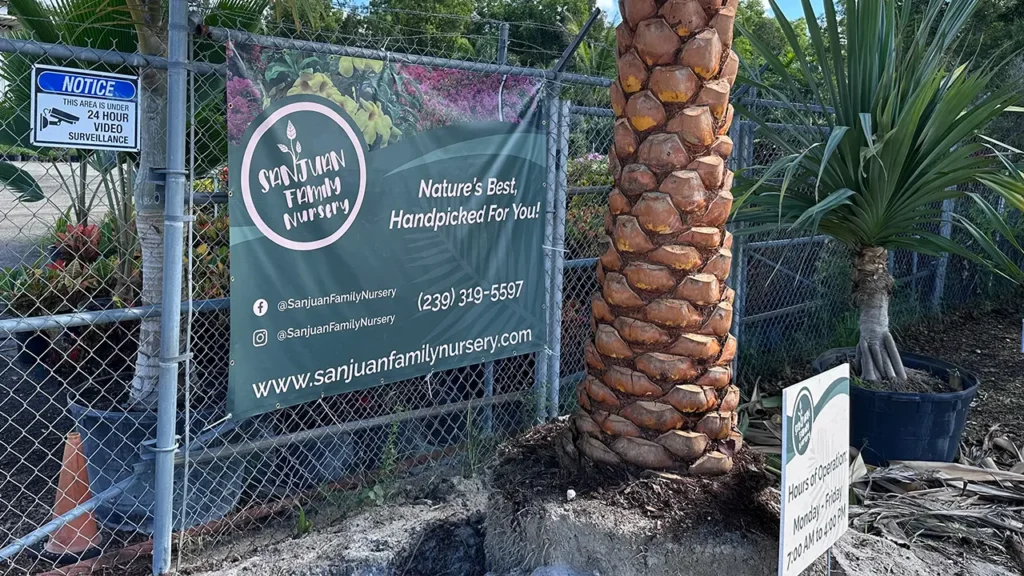 Sanjuan Family Nursery gate sign and hours of operation sign.