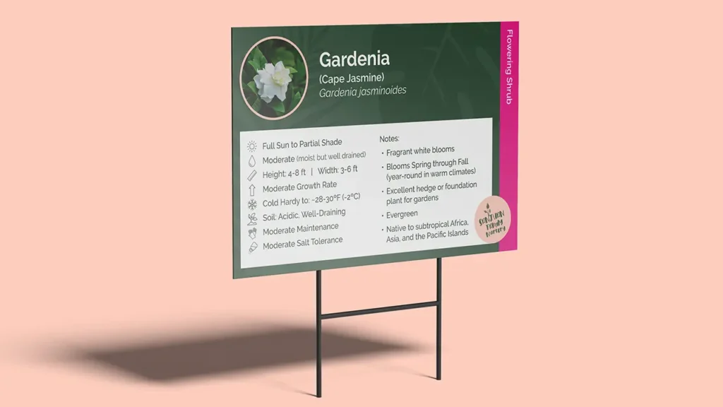 Plant care sign for Sanjuan Family Nursery, featuring care instructions for a Gardenia.