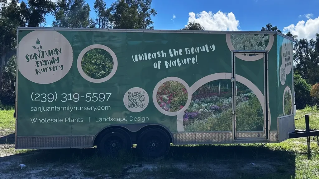 Sanjuan Family Nursery custom trailer wrap, passenger side.