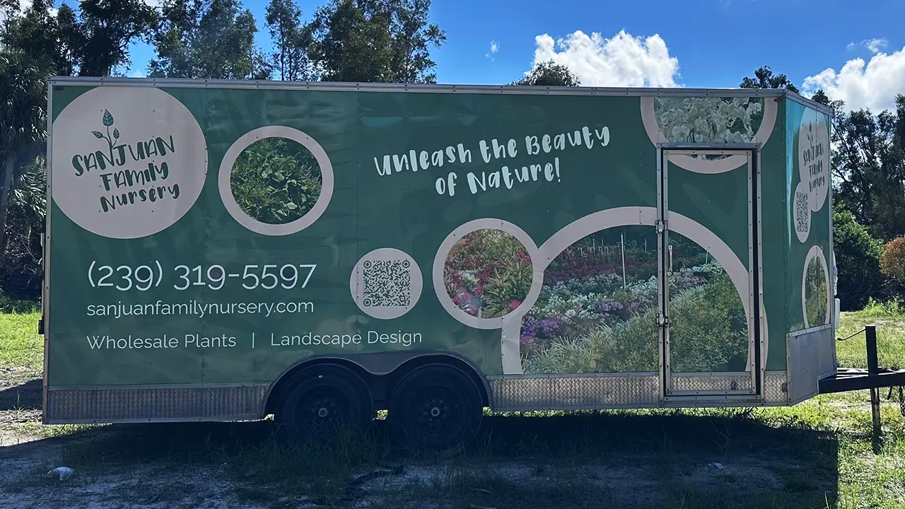 Sanjuan Family Nursery custom trailer wrap, passenger side.