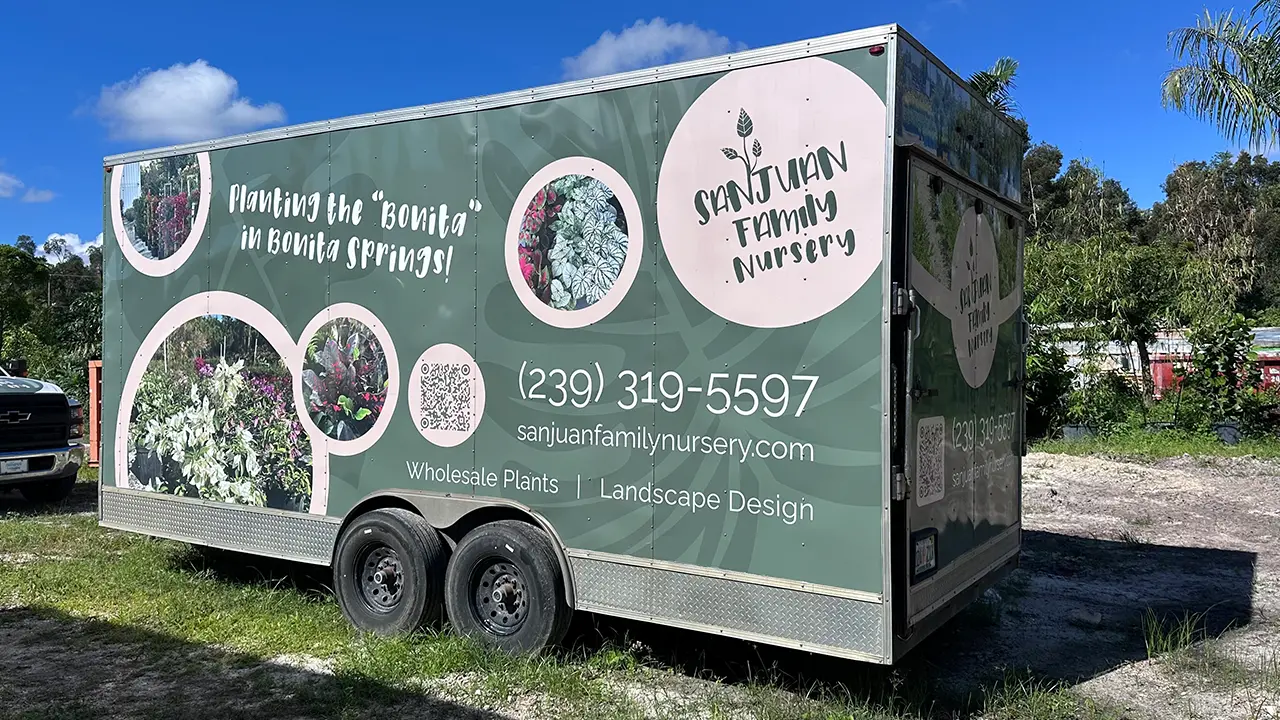 Sanjuan Family Nursery custom trailer wrap, driver side and back.