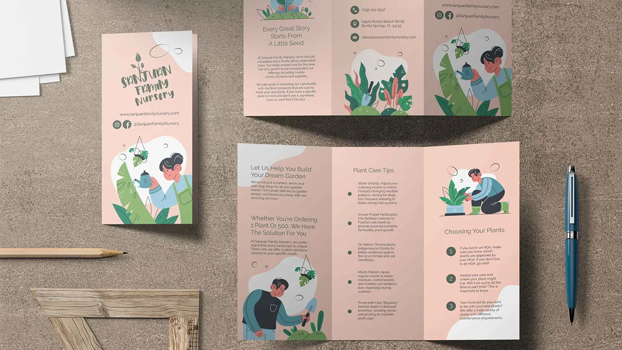 Trifold pamphlet design for Sanjuan Family Nursery.