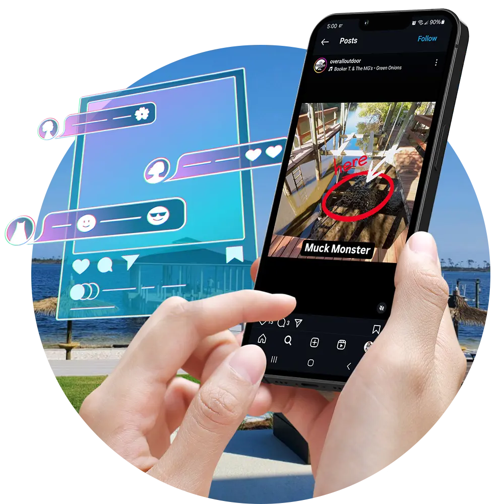 Social media services cluster, featuring a viral post displayed on a phone with social media UI elements floating behind it.
