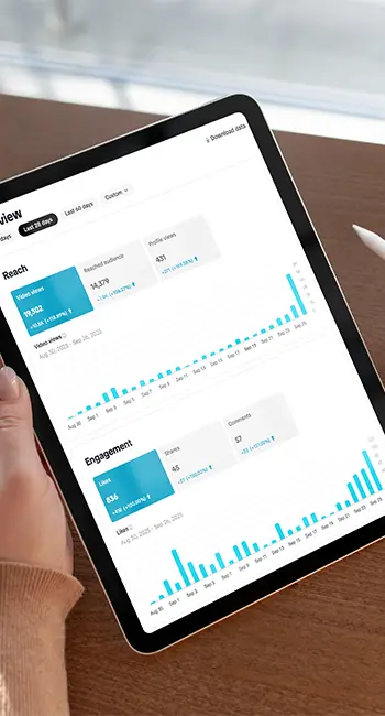 Report overview of a client's social media accounts, showing a sharp increase in reach and engagement over the past 28 days.