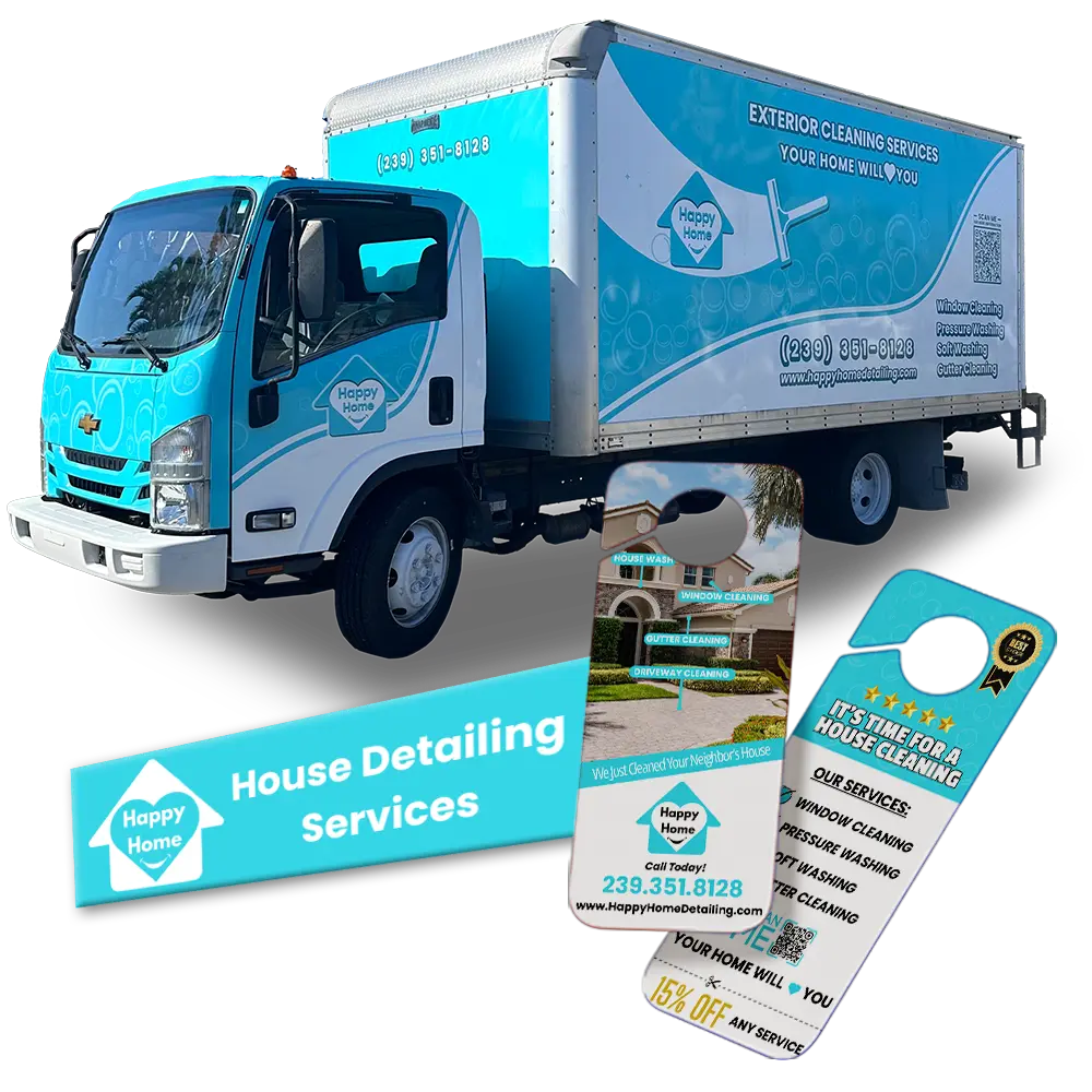 Vehicle wrap and print design services showcase, featuring a box truck wrap, a door hanger, and a magnet design for Happy Home Detailing.