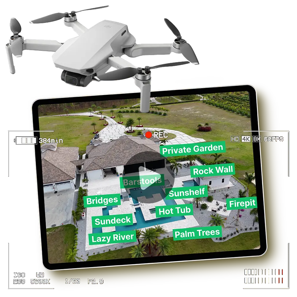 Video production service showcase, featuring a video produced for Overall Outdoor Services with drone videography and custom motion graphics displayed on a tablet.