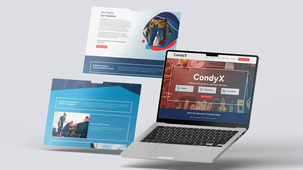 CondyX website displayed on a laptop with two floating screens.