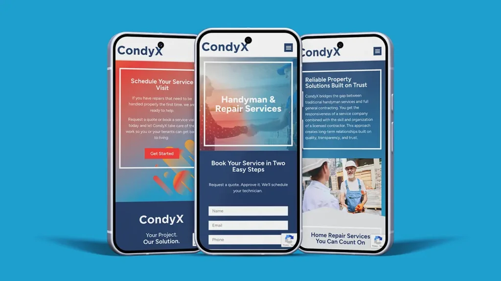 CondyX website displayed on three mobile phones.