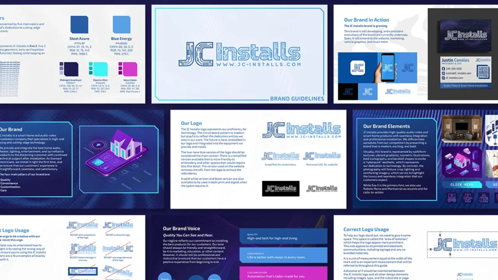 JC Installs brand guidelines displayed flat slides.