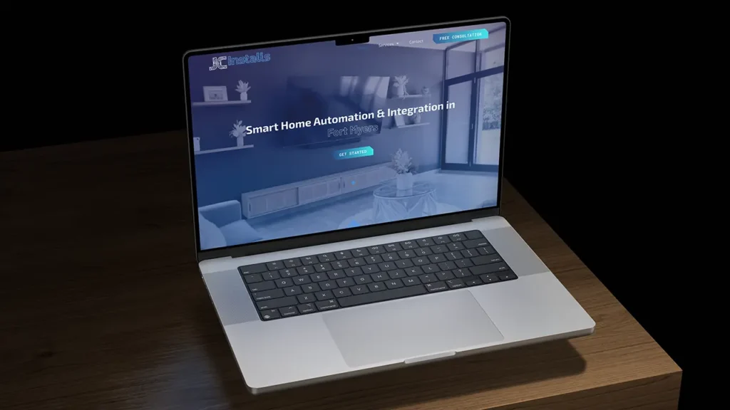 JC Installs website homepage hero section displayed on a laptop.