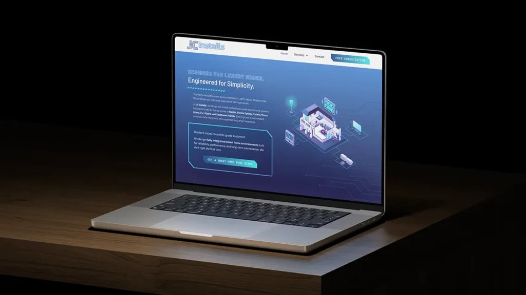 JC Installs website homepage intro section displayed on a laptop.