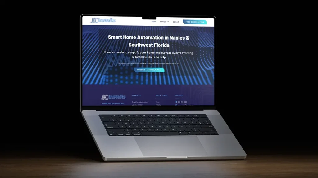 JC Installs website homepage call-to-action section displayed on a laptop.