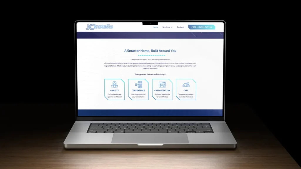 JC Installs website homepage brand pillars section displayed on a laptop.