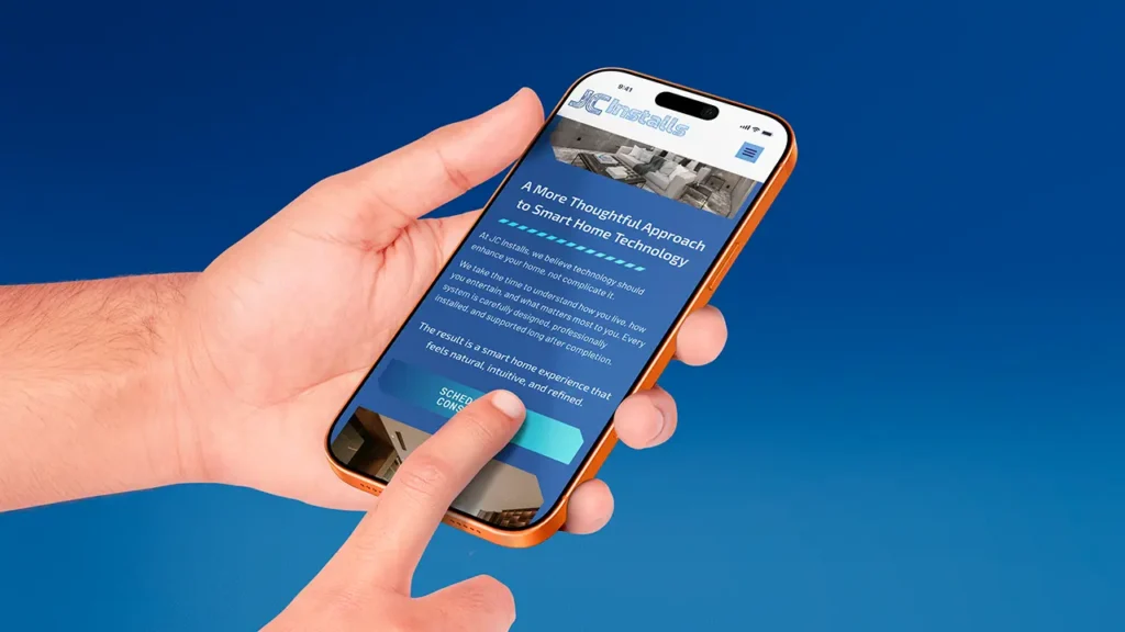 JC Installs website homepage approach section displayed on a mobile phone.