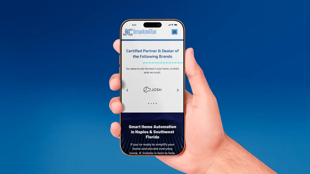 JC Installs website homepage partner brands section displayed on a mobile phone.
