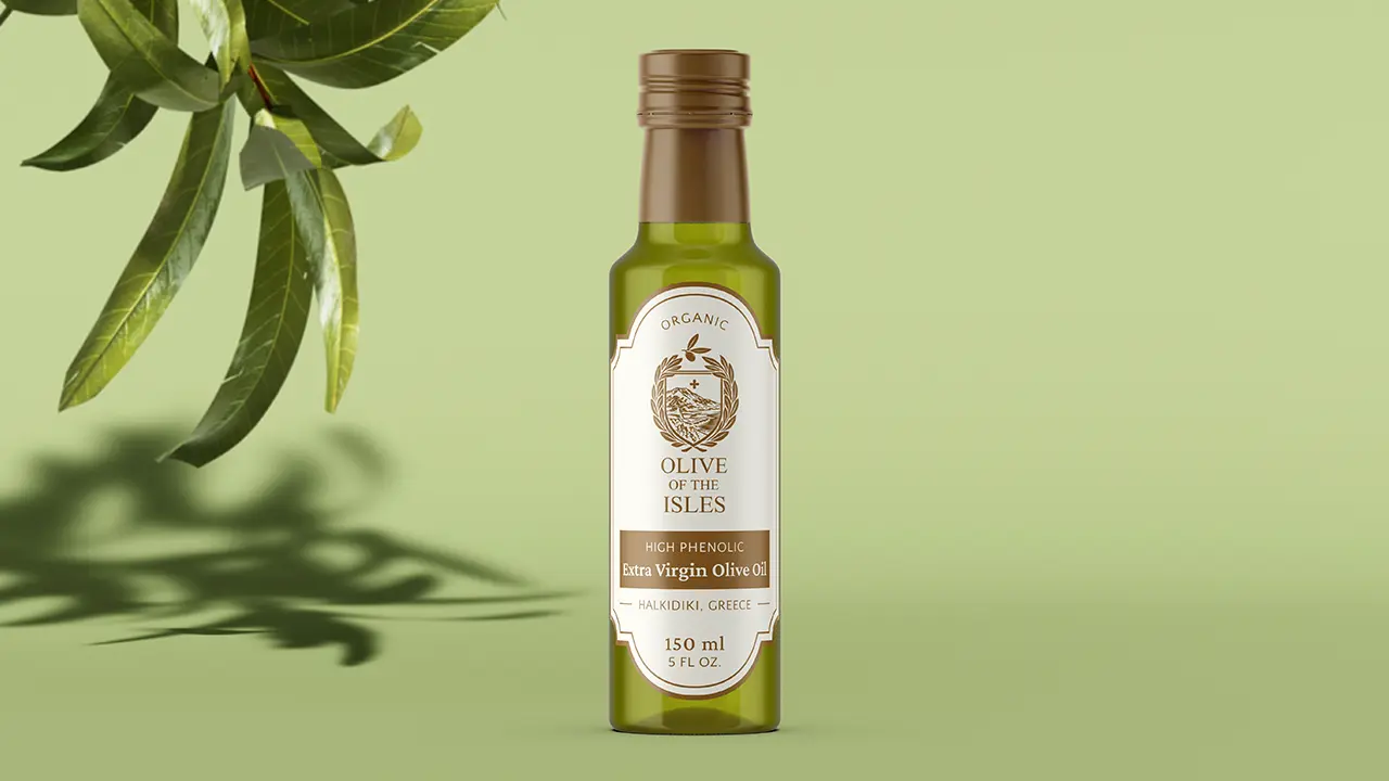 Olive of the Isles extra virgin olive oil initial bottle label design.