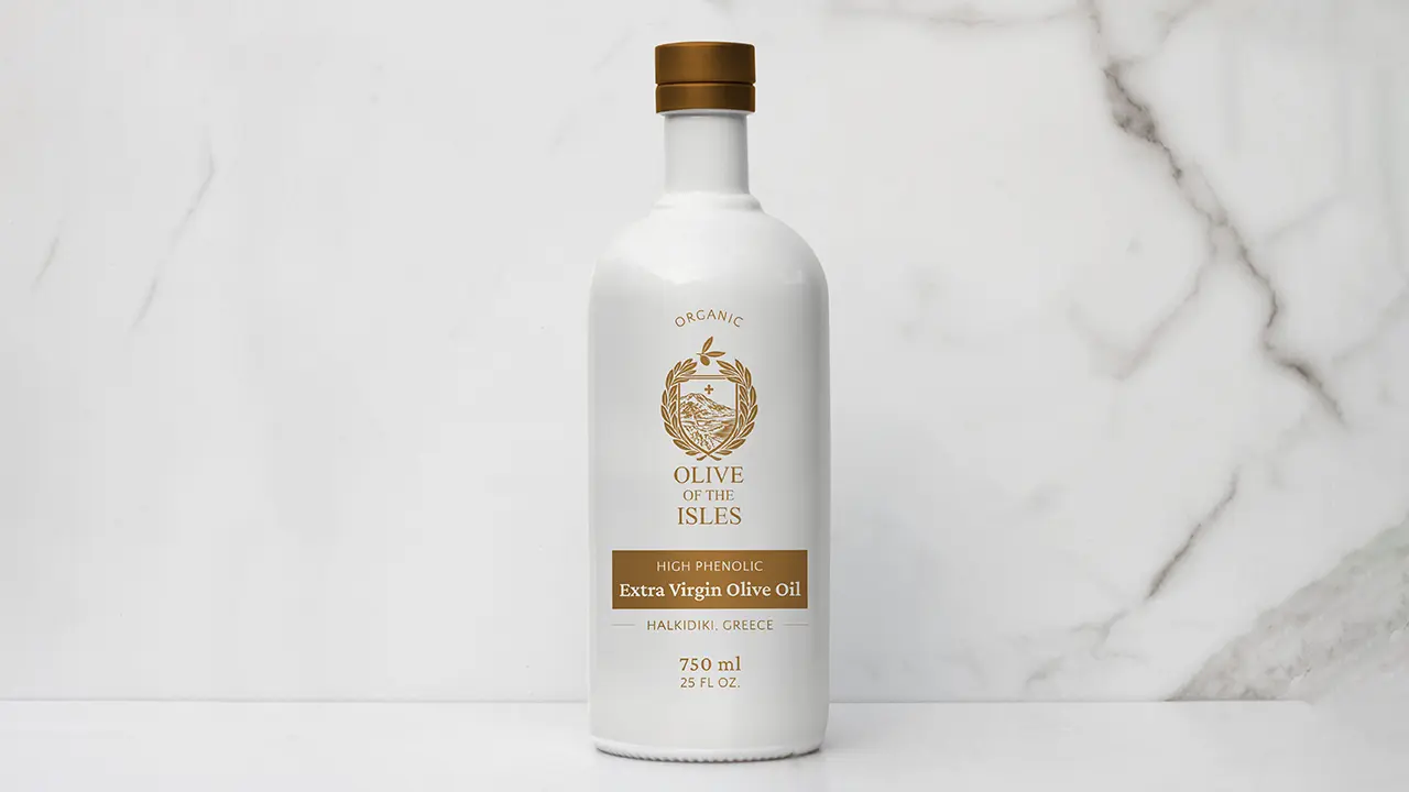 Olive of the Isles extra virgin olive oil bottle label design.