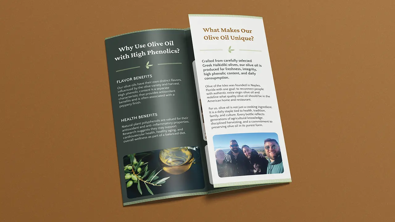 Olive of the Isles trifold brochure, opened to the first fold.