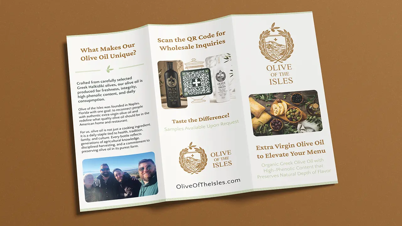Olive of the Isles trifold brochure, opened to display the outside.
