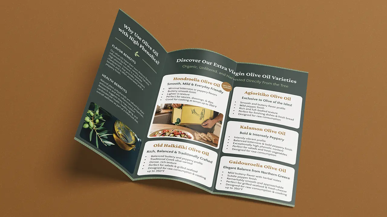 Olive of the Isles trifold brochure, opened to display the inside design.
